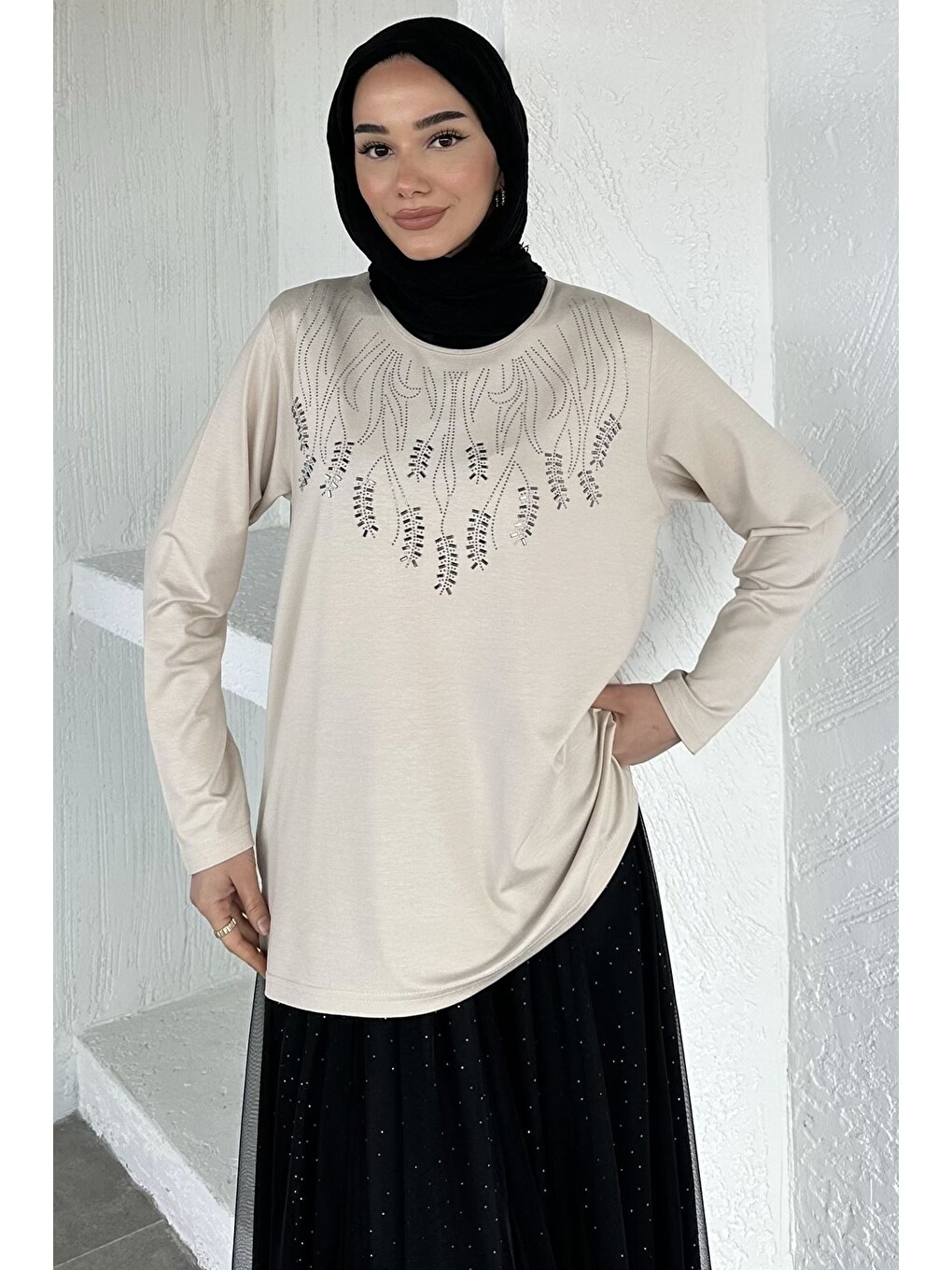 Bej Taşlı Tesettür Anne Penye Bluz-2