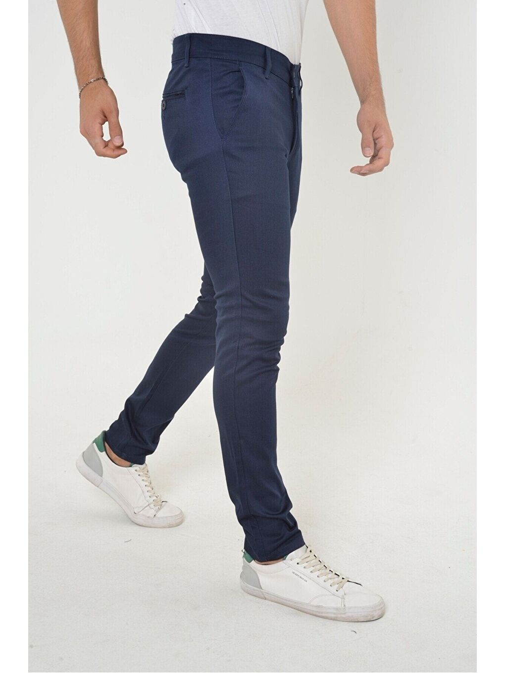 Gri Erkek Lacivert Slim Fit Dar Kesim Örgü Kumaş Yan Cep Pamuk Chino Pantolon-2