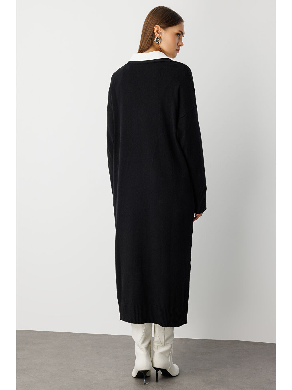 Oversize V Yaka Uzun Siyah Triko Hırka-3