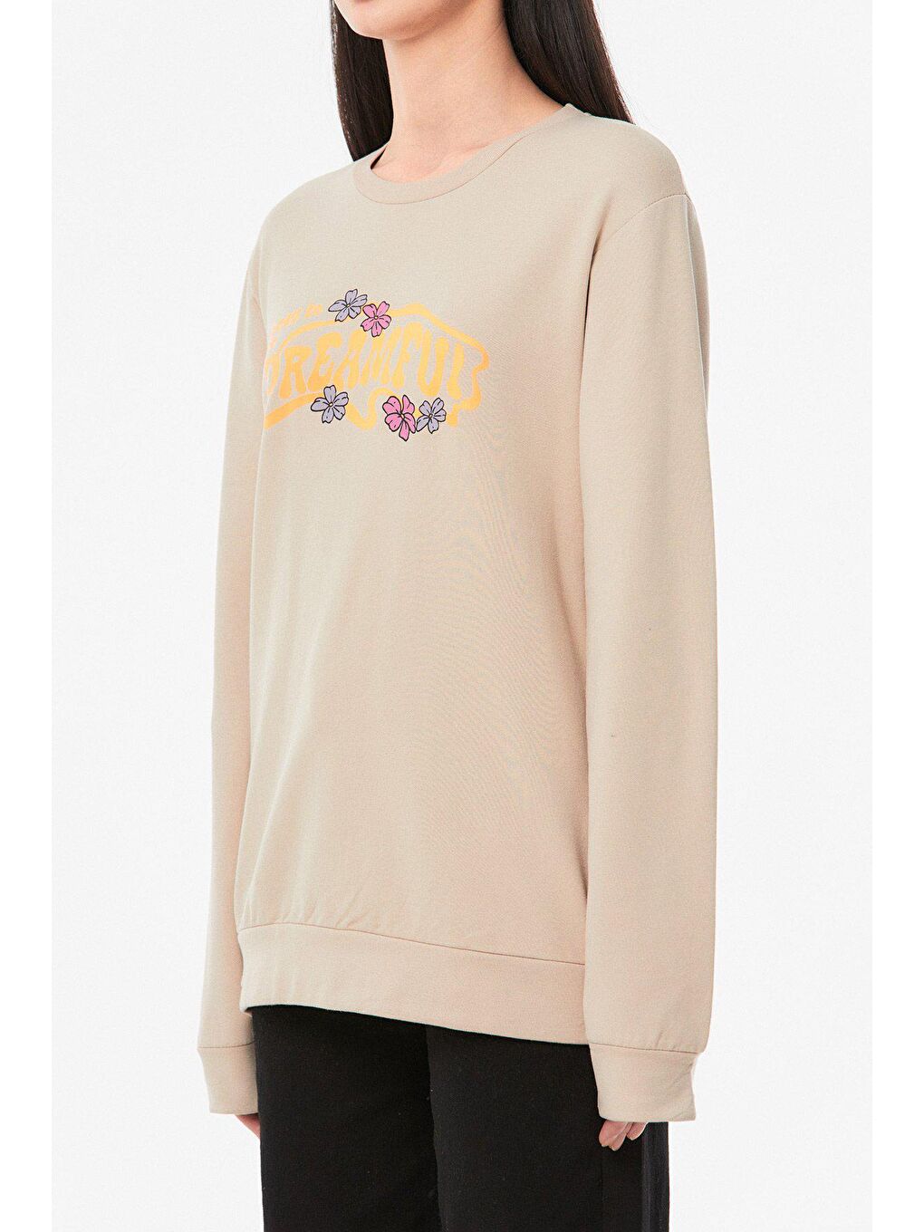 Bej Yazı Baskılı Bisiklet Yaka Kız Çocuk Sweatshirt-3