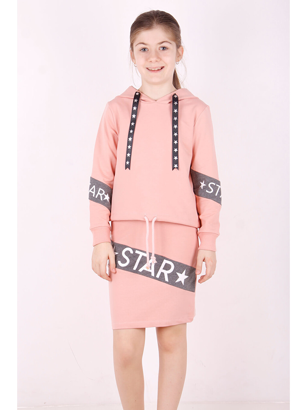 Pembe Kız Çocuk Star Baskılı Kapüşonlu Etekli Takım