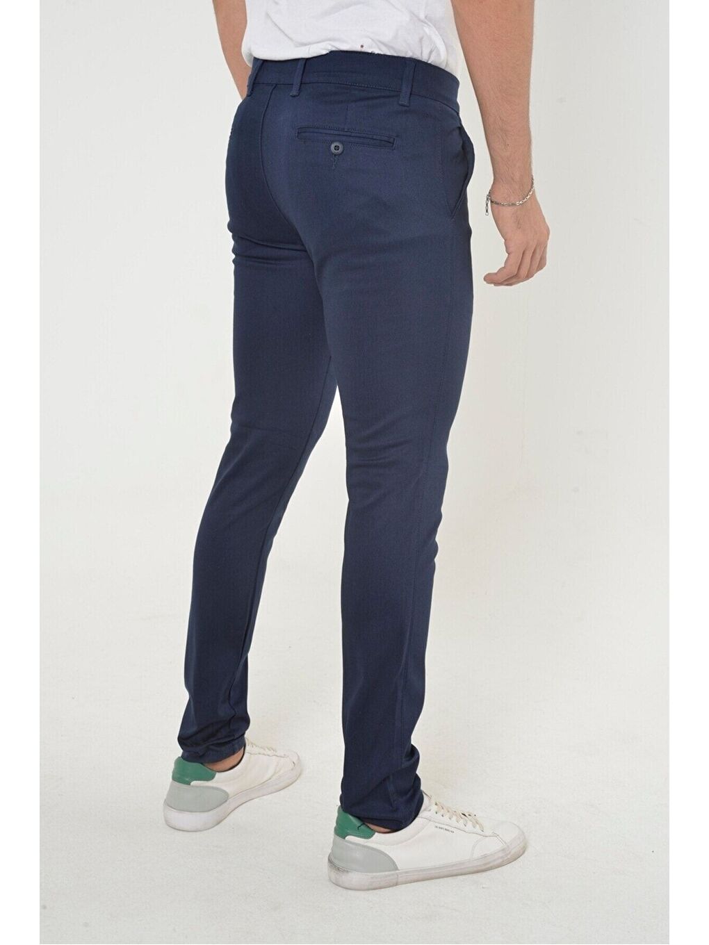 Gri Erkek Lacivert Slim Fit Dar Kesim Örgü Kumaş Yan Cep Pamuk Chino Pantolon-3
