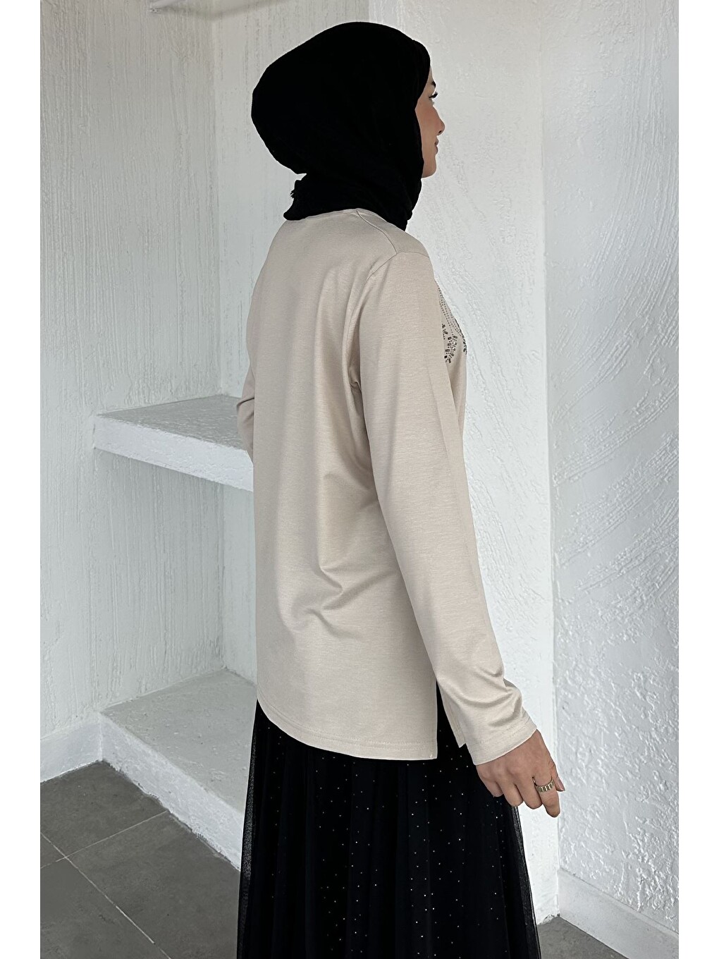 Bej Taşlı Tesettür Anne Penye Bluz-4