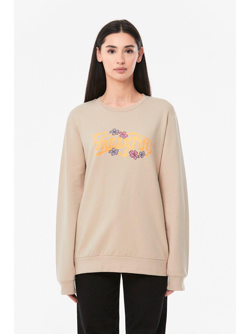 Bej Yazı Baskılı Bisiklet Yaka Kız Çocuk Sweatshirt-4