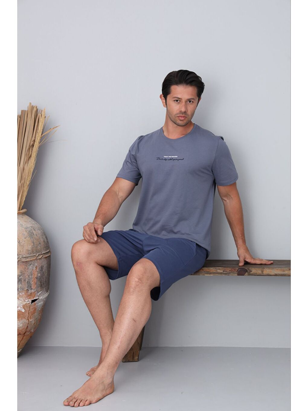 Erkek %100 Organik Pamuk Antrasit Kısa Kollu Şortlu Doğal Pijama Takımı-1