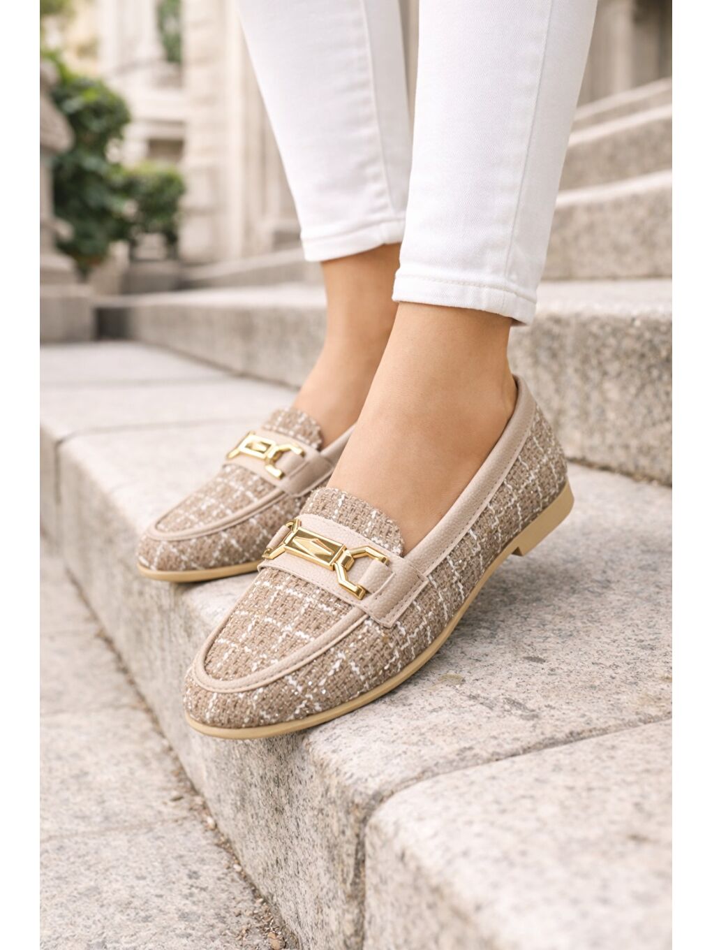 Bej AL-4016 Tüvit Kumaş Rahat Taban Kadın Babet Anne Ayakkabısı Günlük Bayan Ayakkabı
