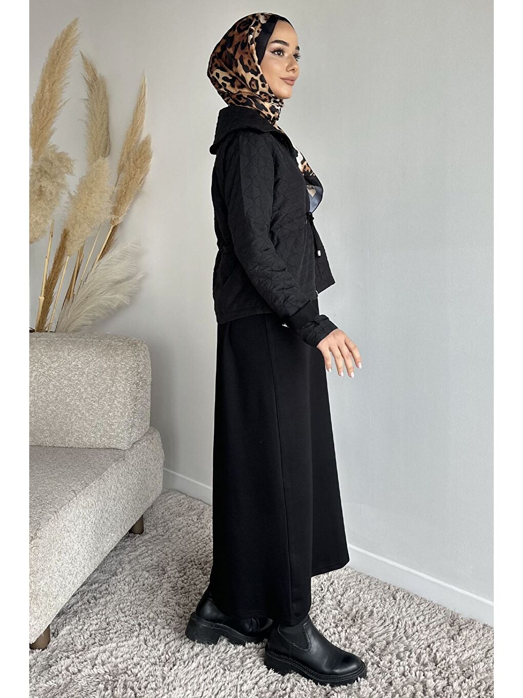 Siyah Bisiklet Yaka Tesettür Elbise Jakarlı Ceket İkili Takım-5