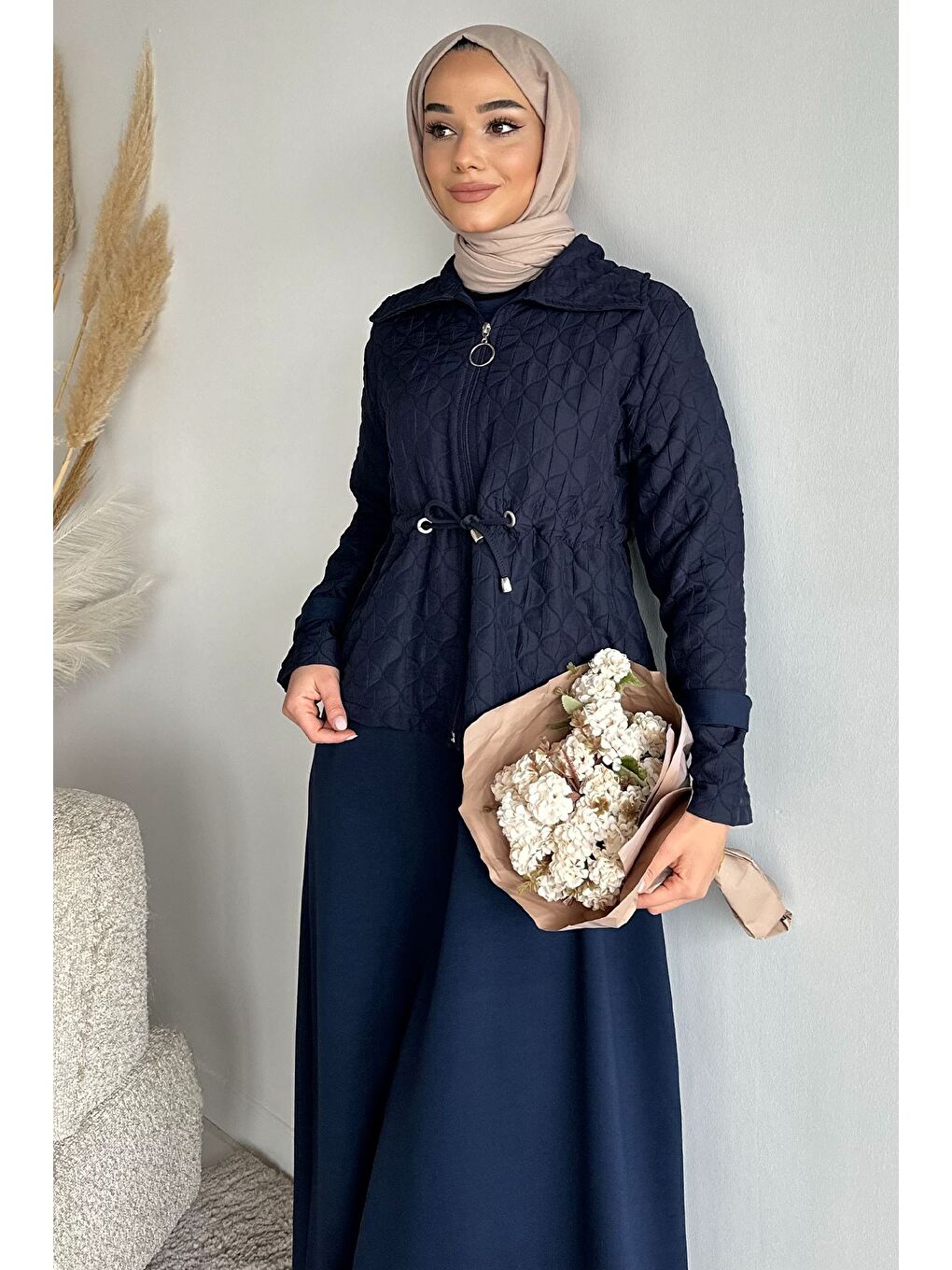 Lacivert Bisiklet Yaka Tesettür Elbise Jakarlı Ceket İkili Takım-3