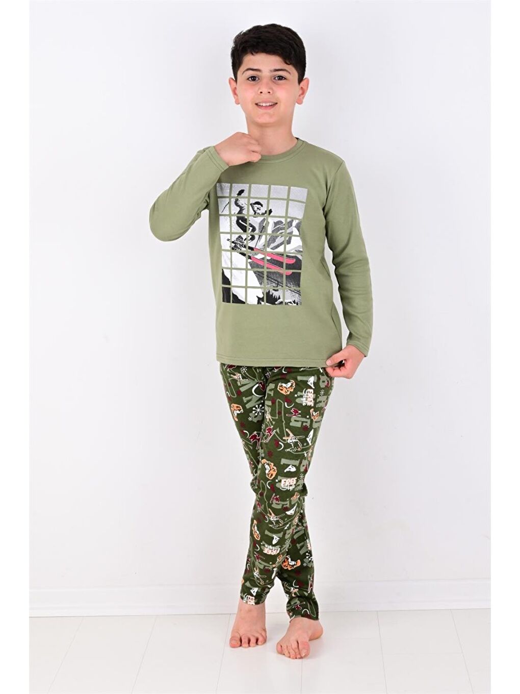 Yeşil Erkek Çocuk Winter Games  Uzun Kollu Pijama Takımı-1