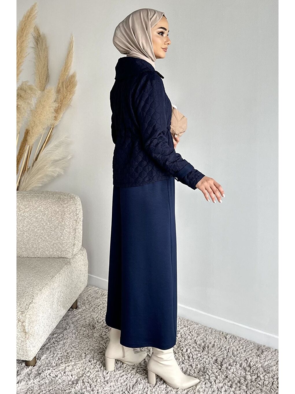 Lacivert Bisiklet Yaka Tesettür Elbise Jakarlı Ceket İkili Takım-4
