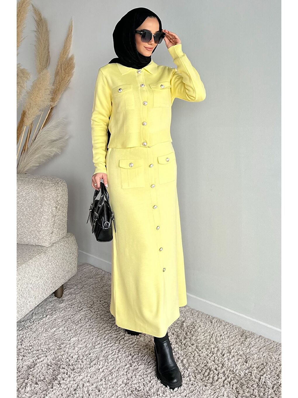 Sarı Düğme Detaylı Hırka Etek Tesettür Triko İkili Takım (s-m-l Beden Uyumludur)-2