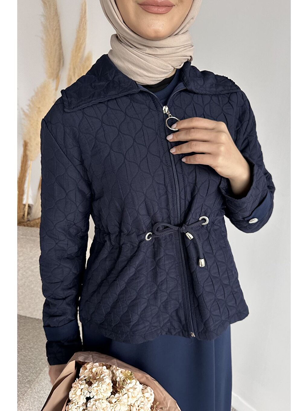 Lacivert Bisiklet Yaka Tesettür Elbise Jakarlı Ceket İkili Takım-6