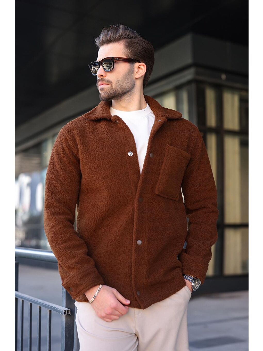 Kahverengi Çıt Kapamalı Yandan Cepli Erkek Gömlek Ceket E6769