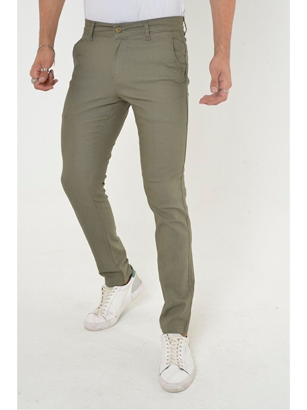 Erkek Haki Slim Fit Dar Kesim Örgü Kumaş Yan Cep Pamuk Chino Pantolon-1