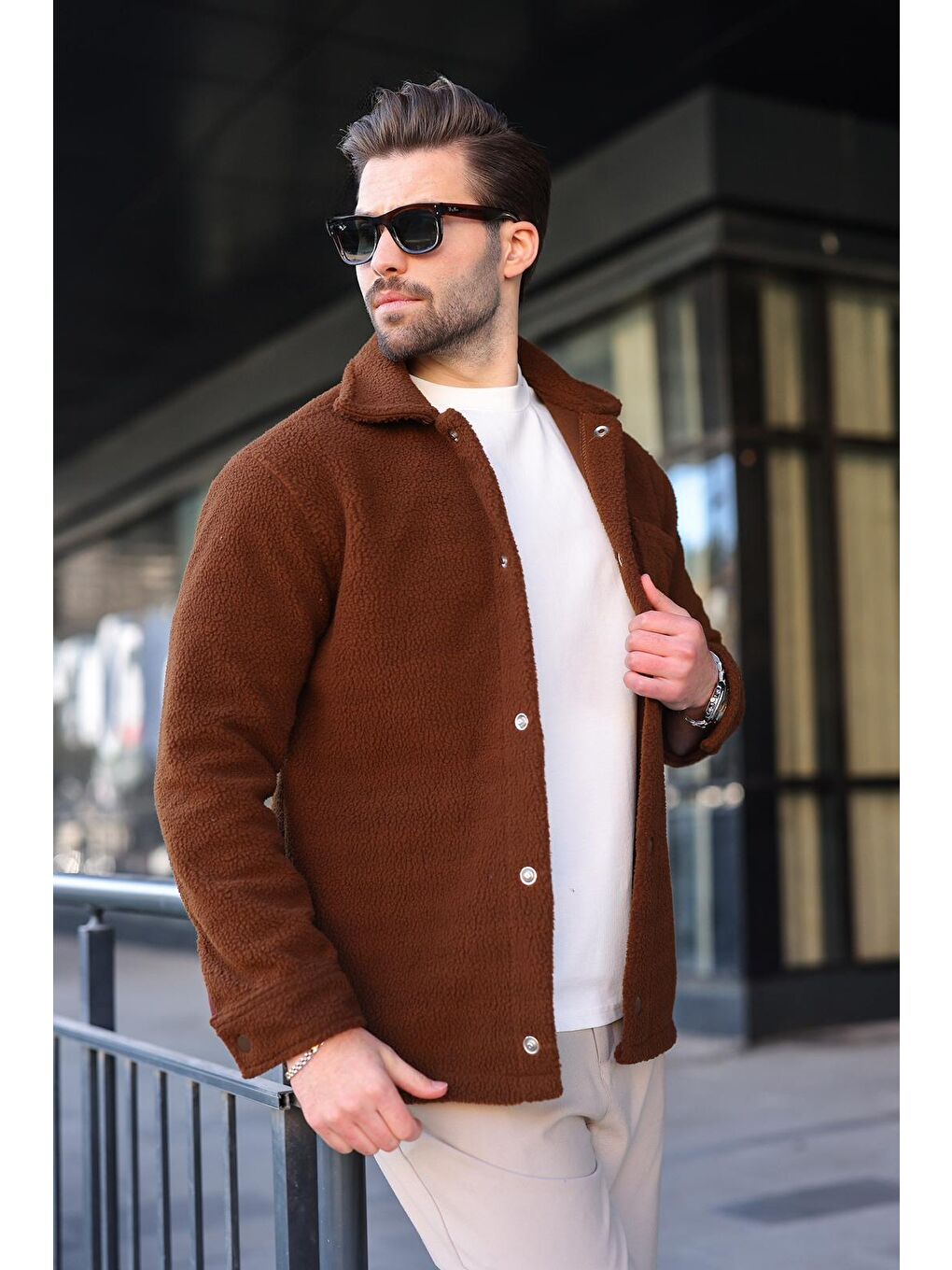 Kahverengi Çıt Kapamalı Yandan Cepli Erkek Gömlek Ceket E6769-1