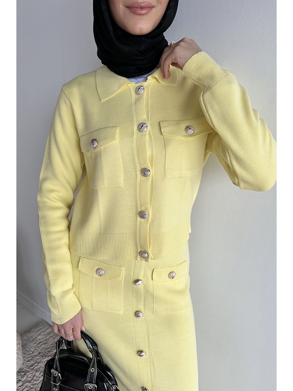 Sarı Düğme Detaylı Hırka Etek Tesettür Triko İkili Takım (s-m-l Beden Uyumludur)-4