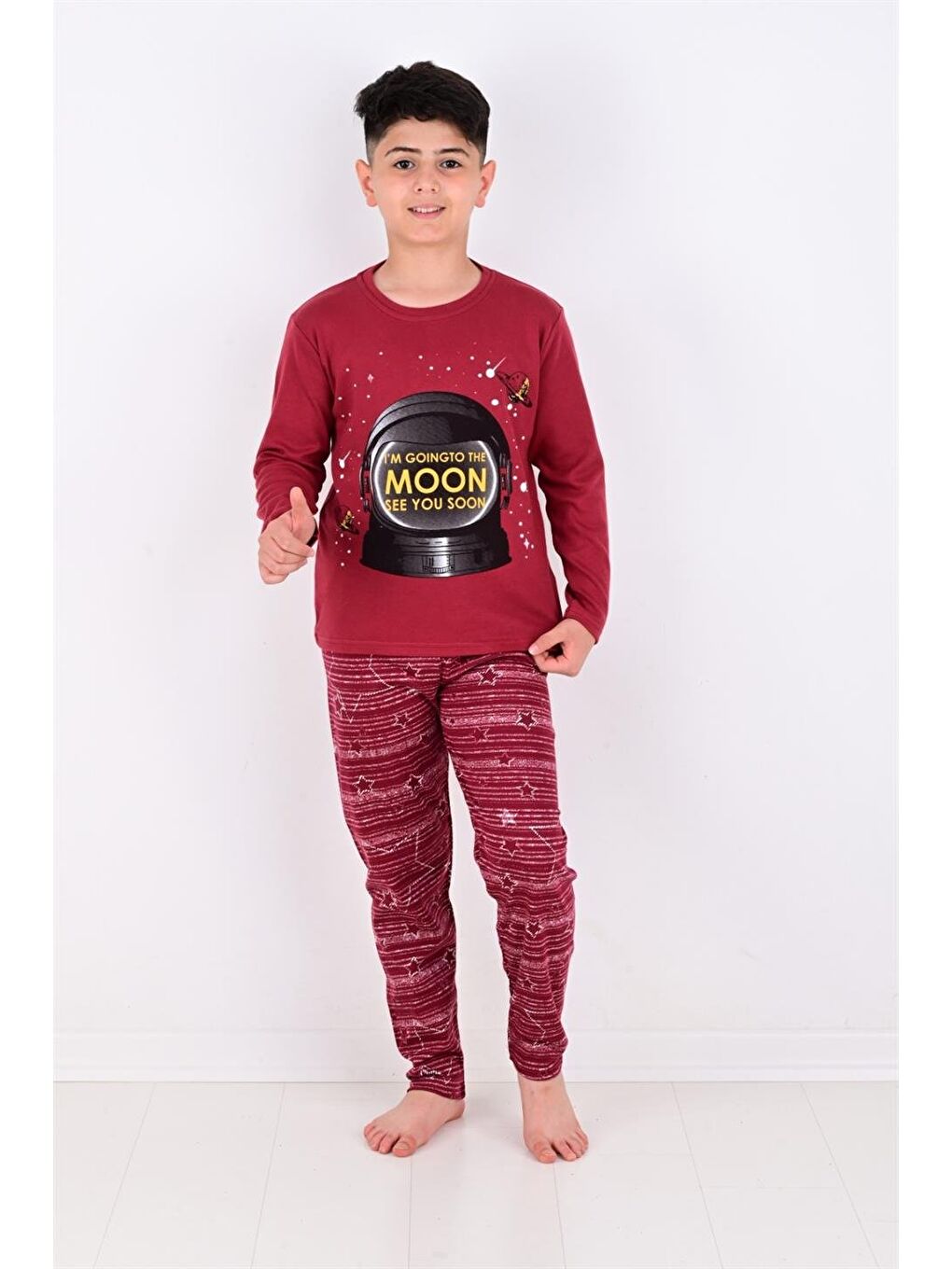Bordo Erkek Çocuk Pijama Takımı Moon Uzun Kollu Pamuklu 1008-2
