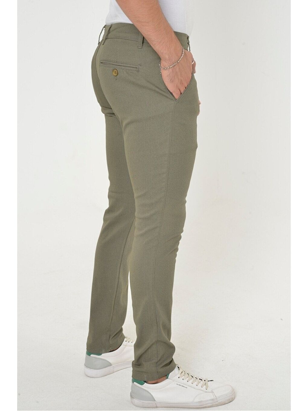 Erkek Haki Slim Fit Dar Kesim Örgü Kumaş Yan Cep Pamuk Chino Pantolon-3