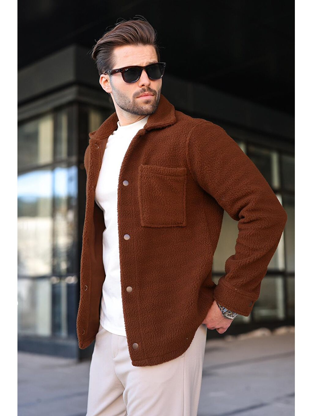 Kahverengi Çıt Kapamalı Yandan Cepli Erkek Gömlek Ceket E6769-3
