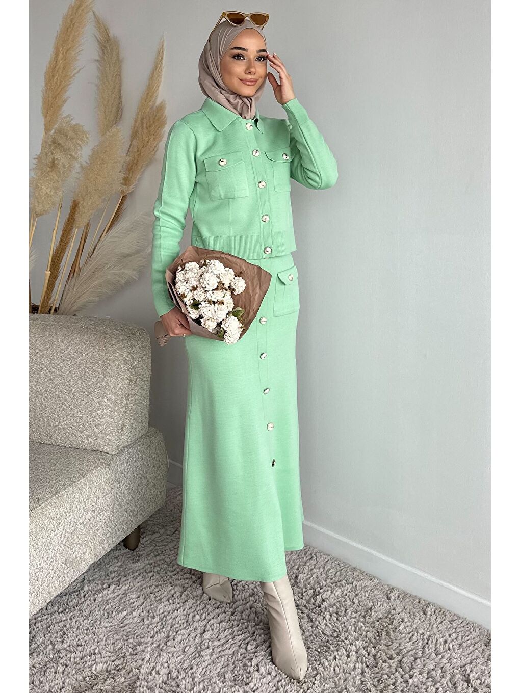 Yeşil Düğme Detaylı Hırka Etek Tesettür Triko İkili Takım (s-m-l Beden Uyumludur)-3