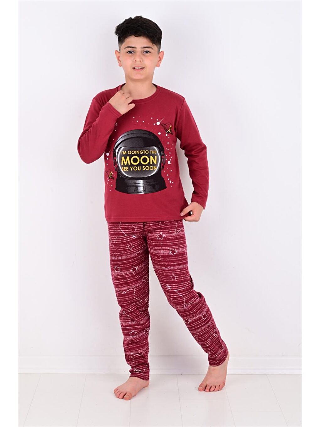 Bordo Erkek Çocuk Pijama Takımı Moon Uzun Kollu Pamuklu 1008-5