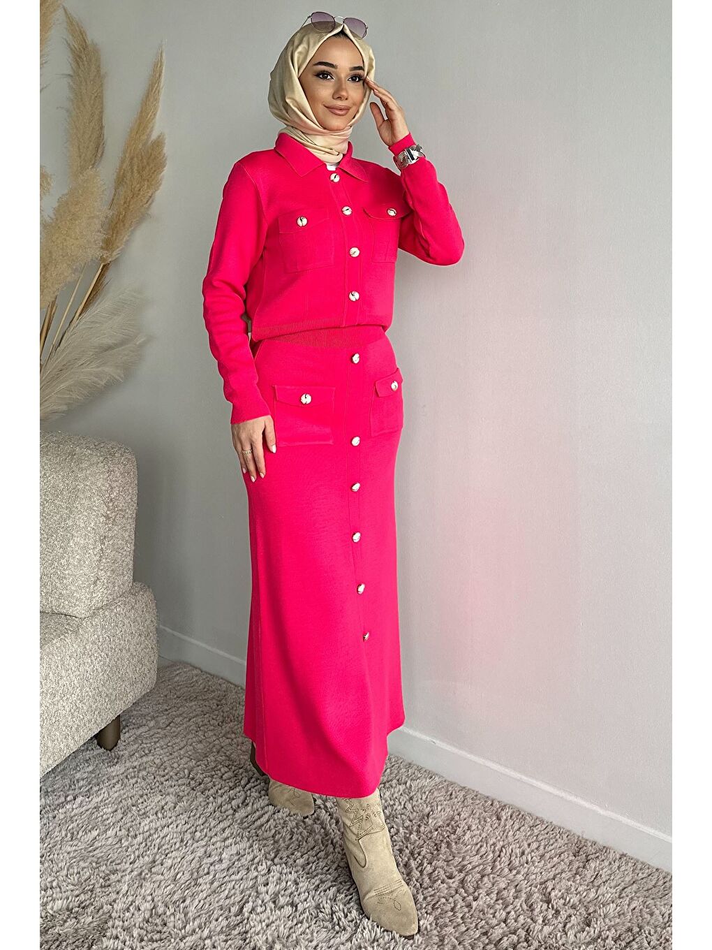 Fuşya Düğme Detaylı Hırka Etek Tesettür Triko İkili Takım (s-m-l Beden Uyumludur)-2