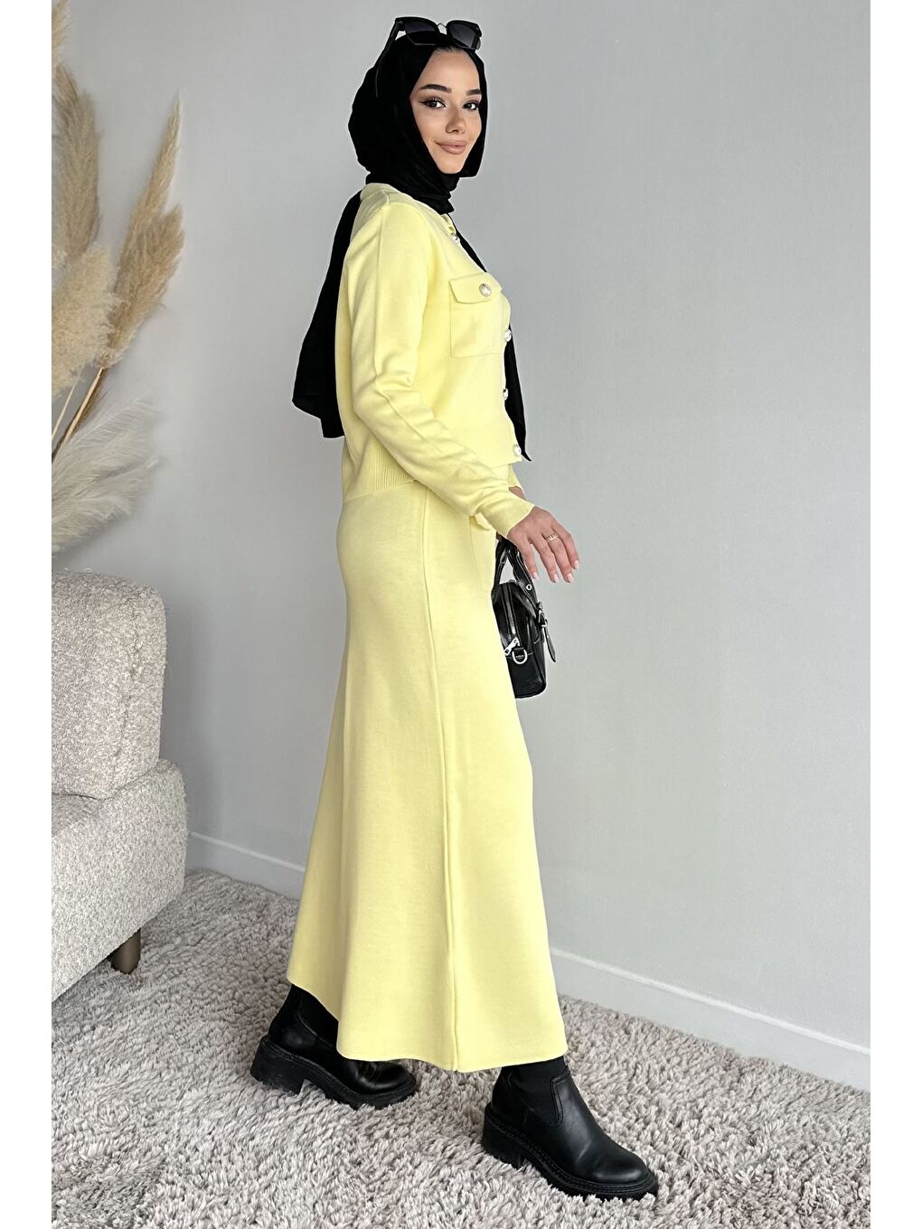 Sarı Düğme Detaylı Hırka Etek Tesettür Triko İkili Takım (s-m-l Beden Uyumludur)-6
