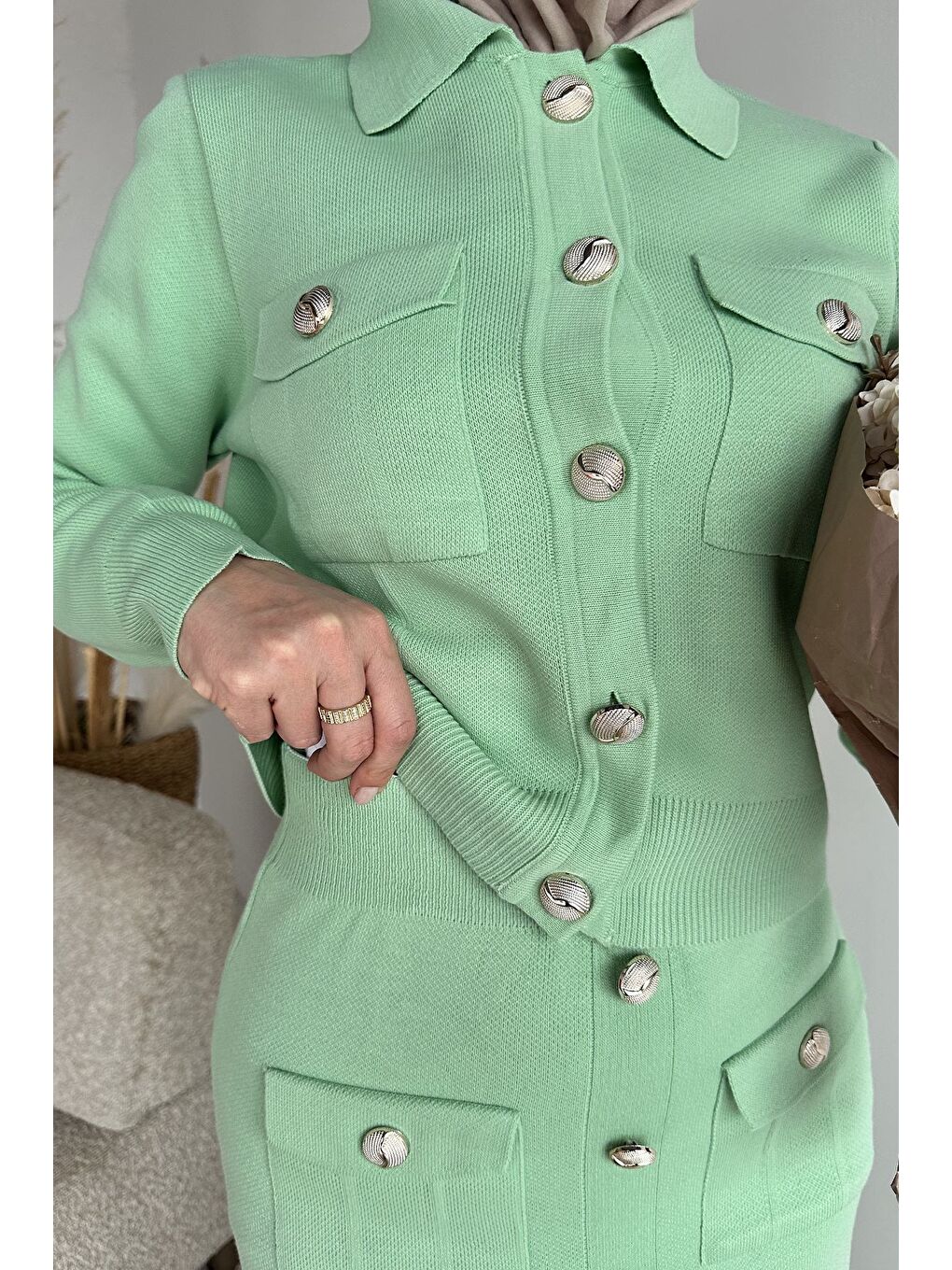 Yeşil Düğme Detaylı Hırka Etek Tesettür Triko İkili Takım (s-m-l Beden Uyumludur)-4