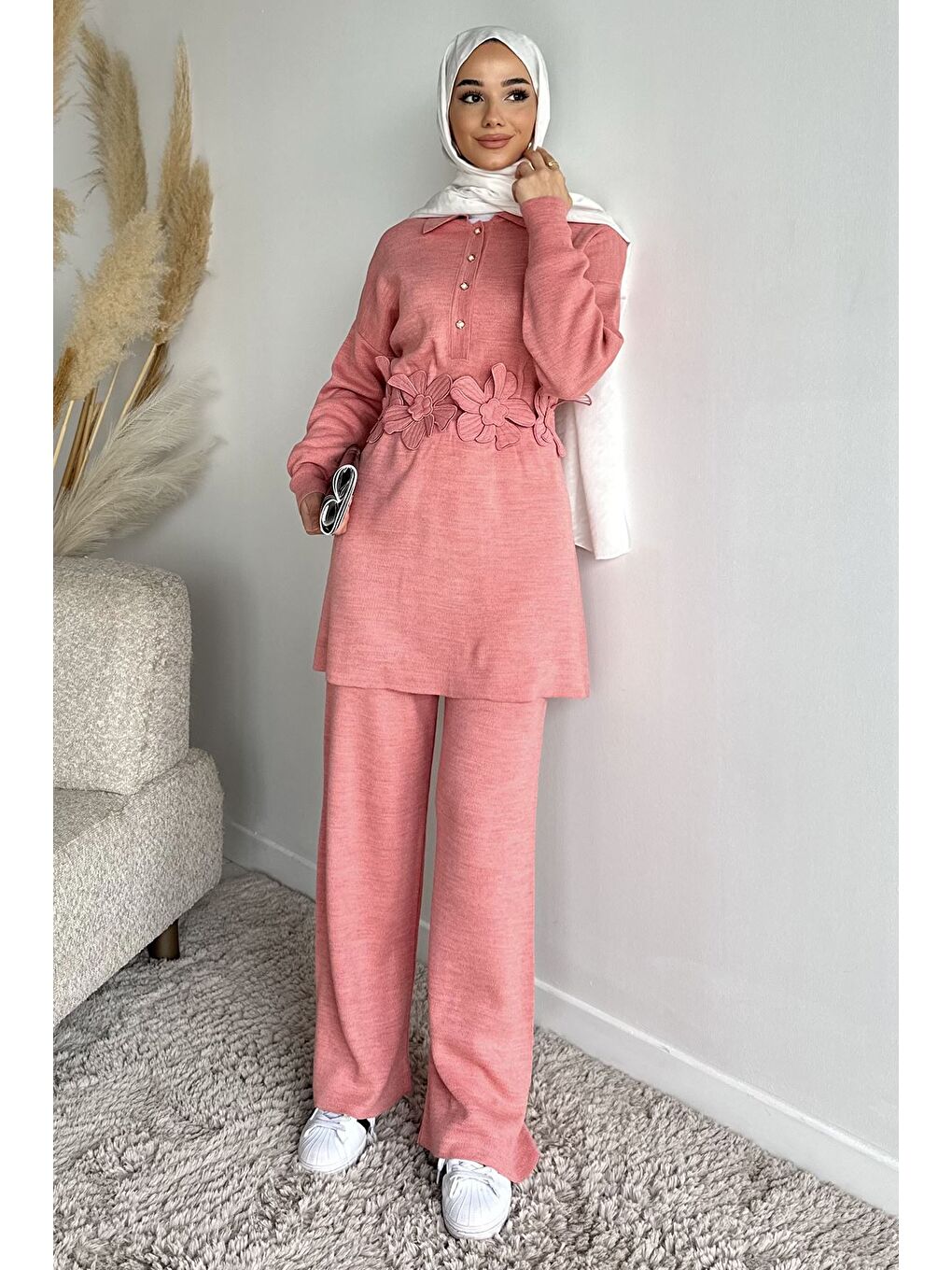 Pembe Papatya Aplikeli Tunik Pantolon Triko Tesettür İkili Takım (s,m,l,xl Uyumludur)-1