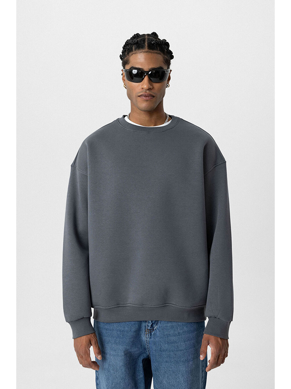 VAMOSCLO Füme Basic Oversize Bisiklet Yaka Erkek Sweatshirt - 1