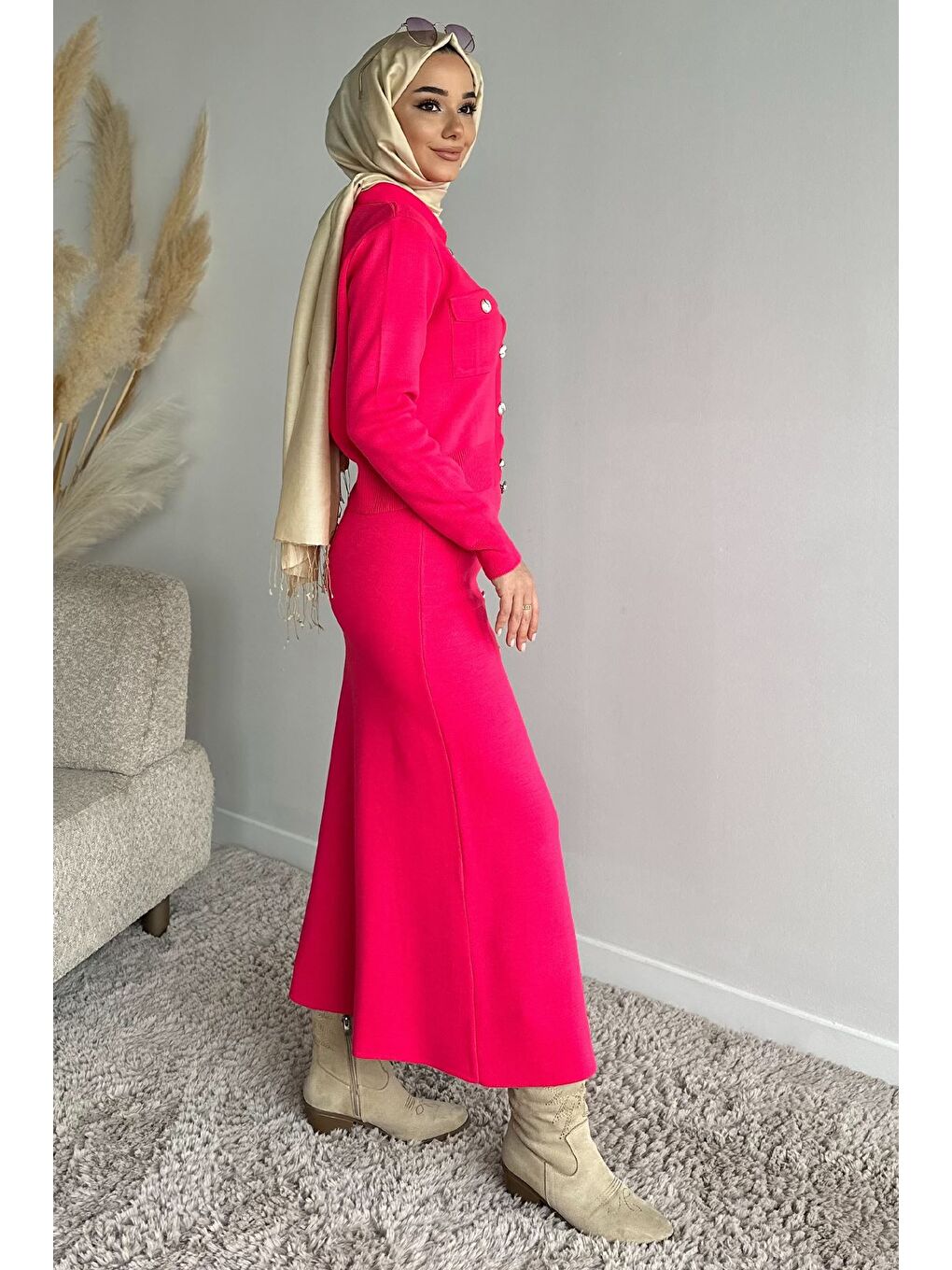 Fuşya Düğme Detaylı Hırka Etek Tesettür Triko İkili Takım (s-m-l Beden Uyumludur)-4