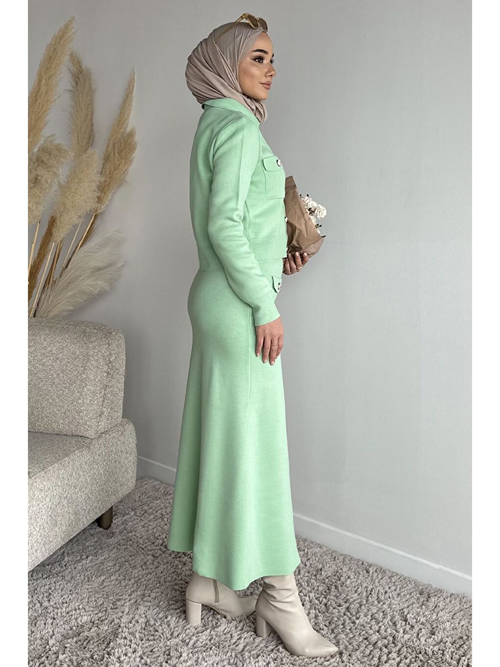 Yeşil Düğme Detaylı Hırka Etek Tesettür Triko İkili Takım (s-m-l Beden Uyumludur)-6
