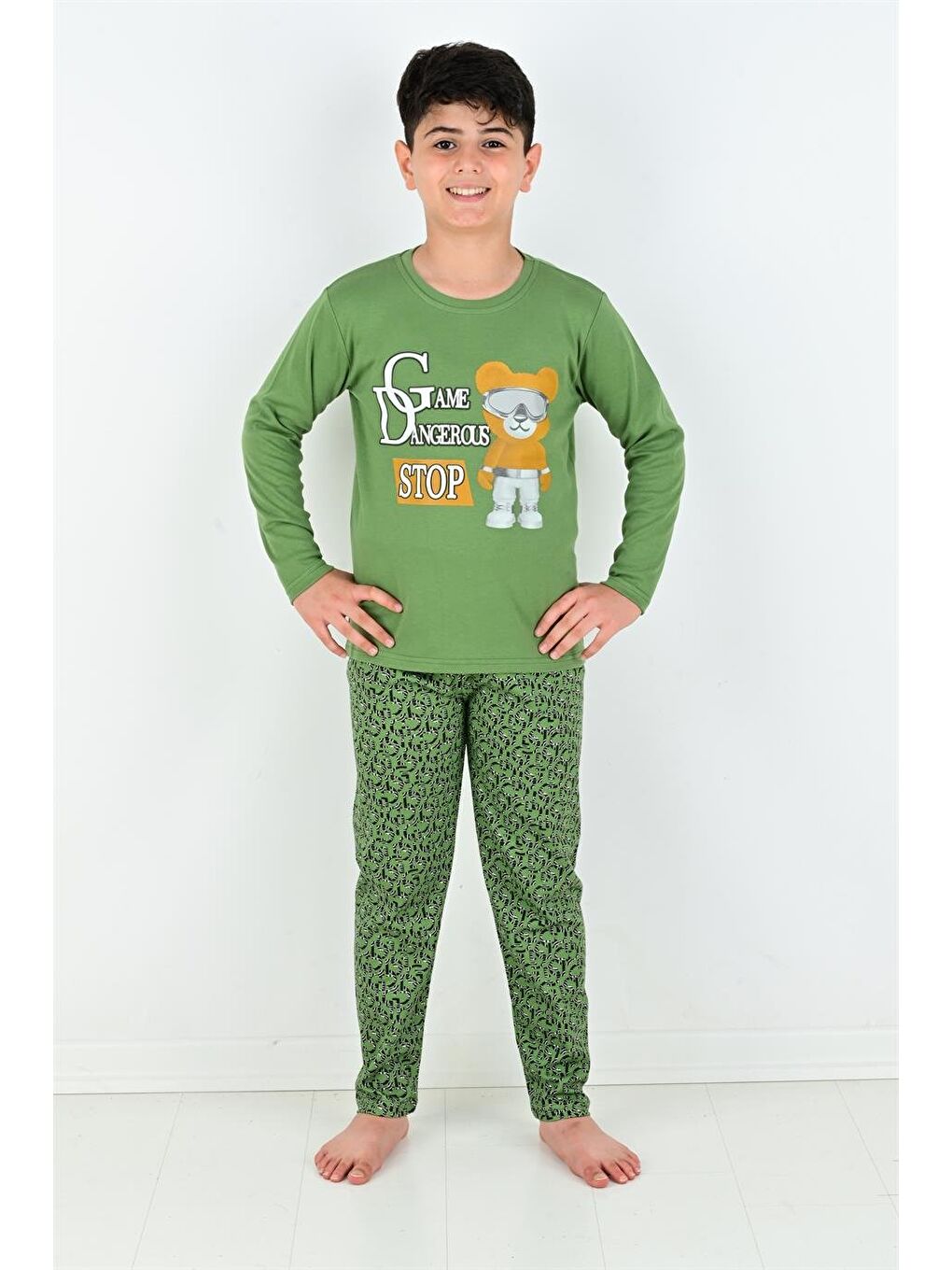 Yeşil Uzun Kollu Erkek Çocuk Game Dangerous Model Pijama Takımı-5