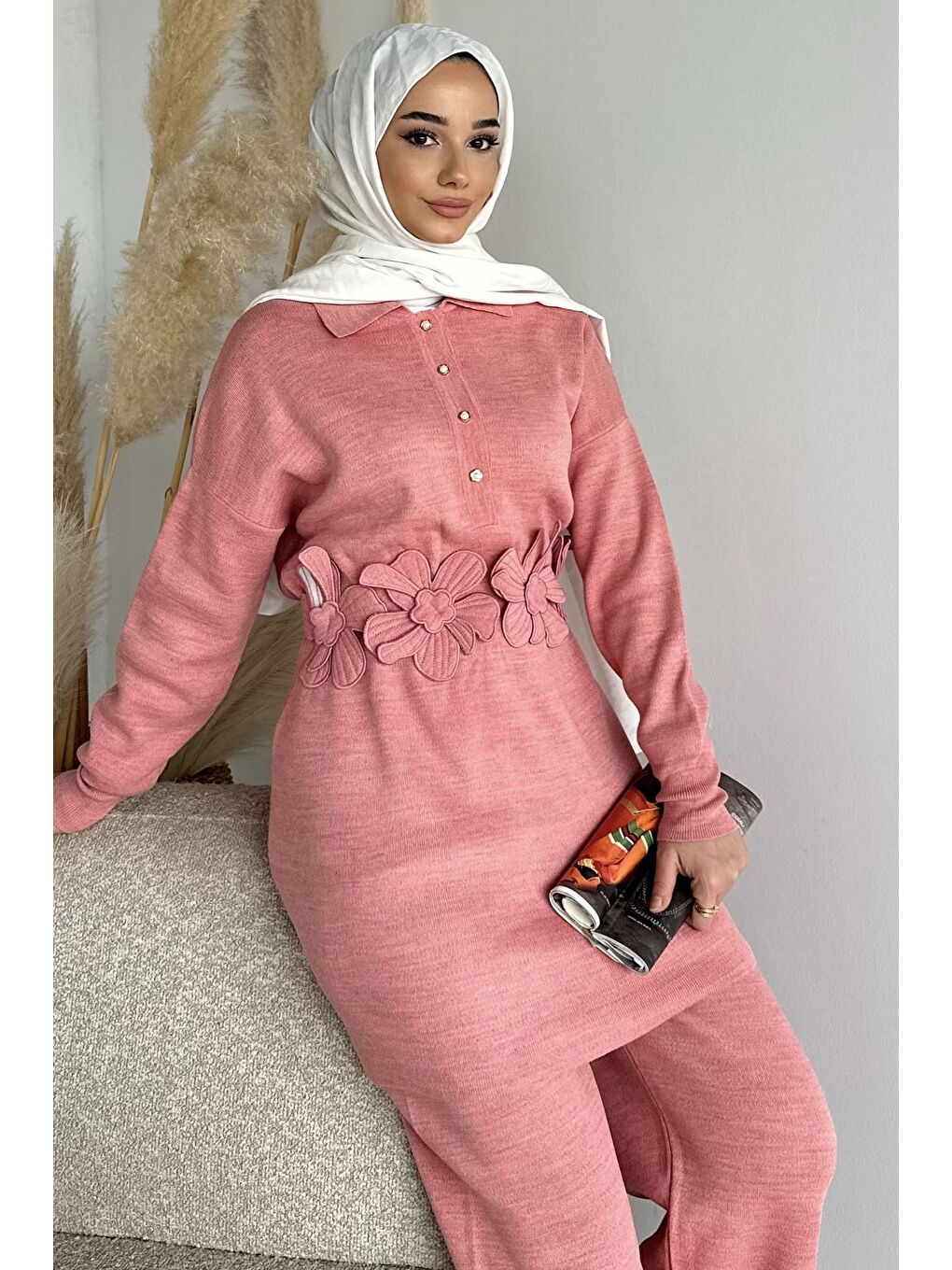 Pembe Papatya Aplikeli Tunik Pantolon Triko Tesettür İkili Takım (s,m,l,xl Uyumludur)-3