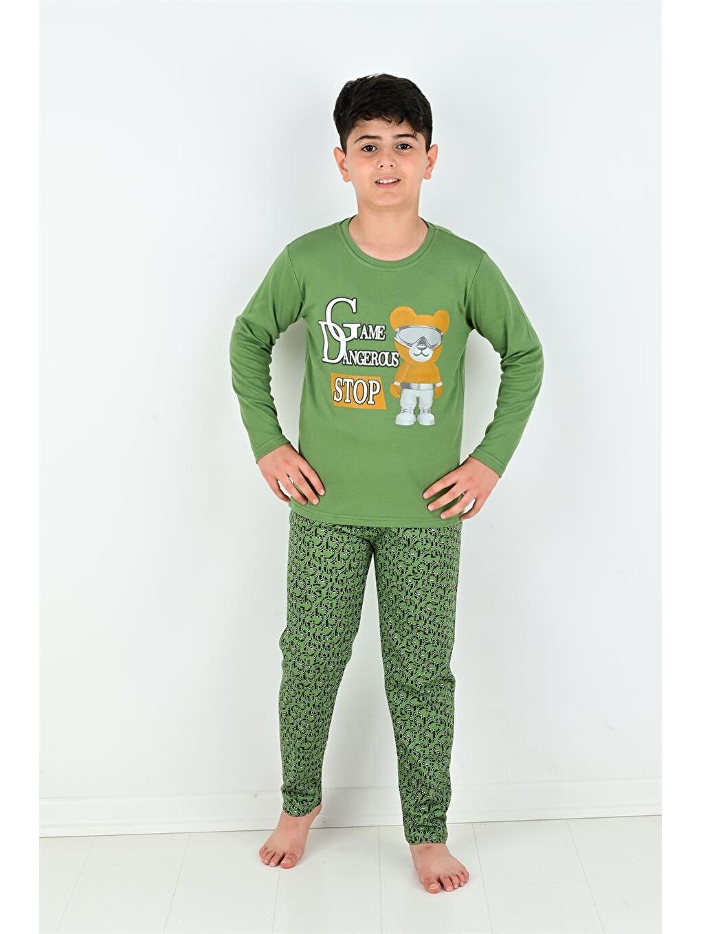 Yeşil Uzun Kollu Erkek Çocuk Game Dangerous Model Pijama Takımı-6