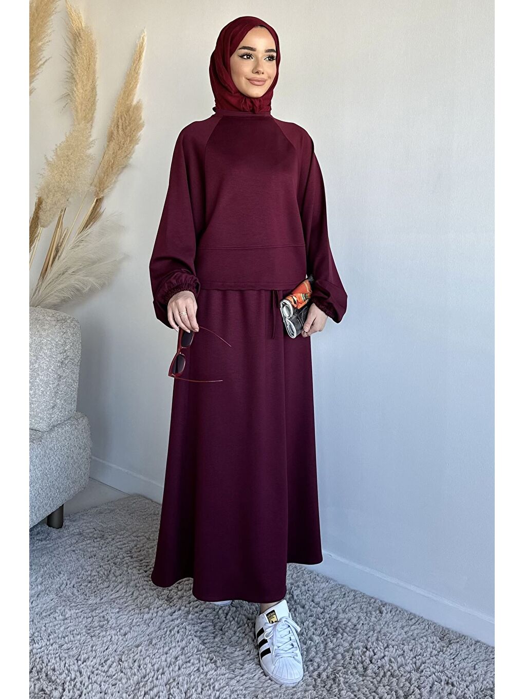 Bordo Bisiklet Yaka Bluz Bel Lastikli Etek Tesettür İkili Takım-1