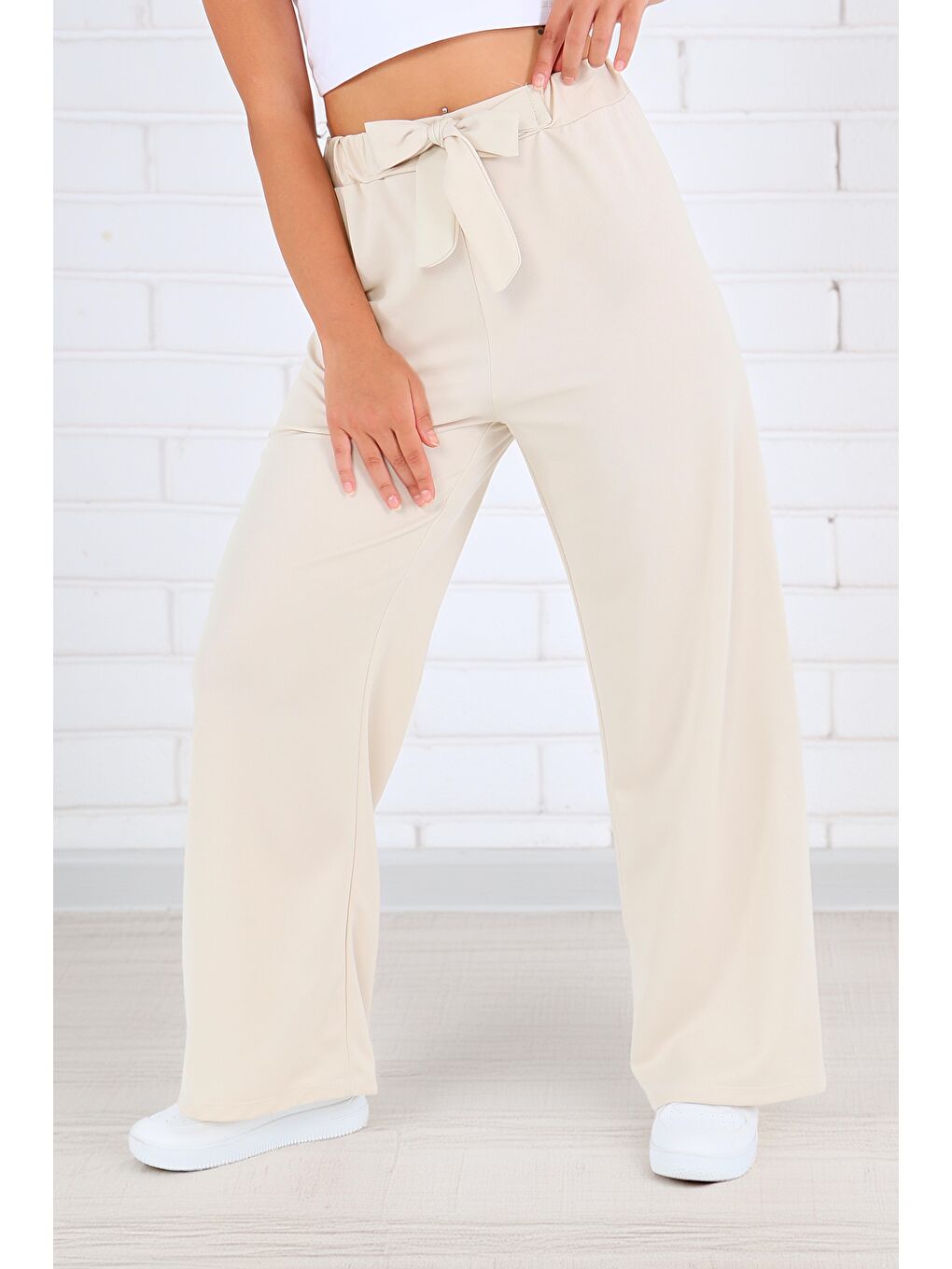 Ekru Önden Bağlamalı Pantolon Krem - 27553