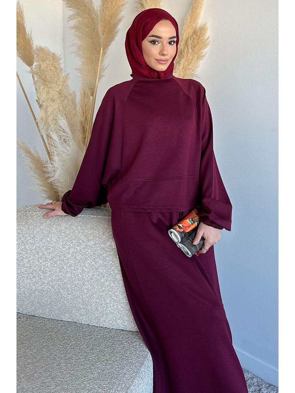 Bordo Bisiklet Yaka Bluz Bel Lastikli Etek Tesettür İkili Takım-2