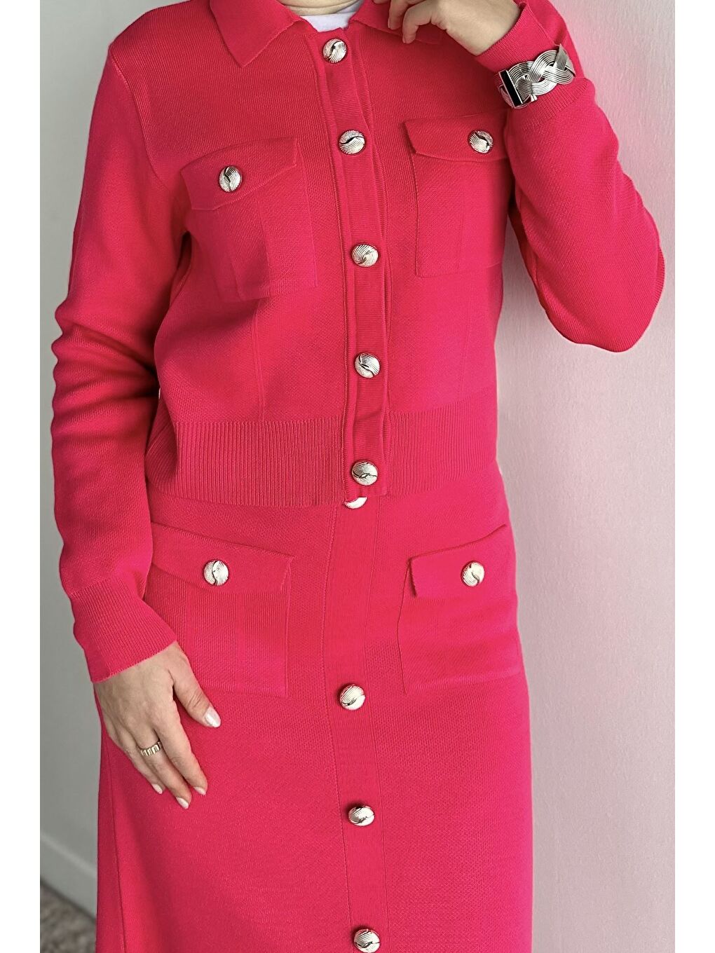 Fuşya Düğme Detaylı Hırka Etek Tesettür Triko İkili Takım (s-m-l Beden Uyumludur)-7