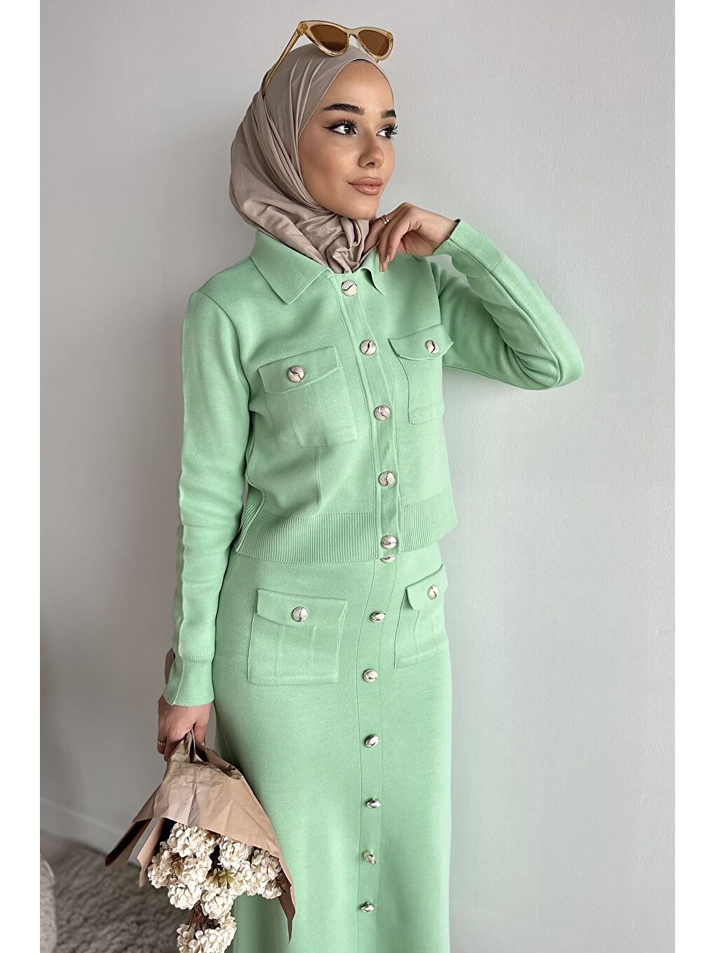 Yeşil Düğme Detaylı Hırka Etek Tesettür Triko İkili Takım (s-m-l Beden Uyumludur)-9