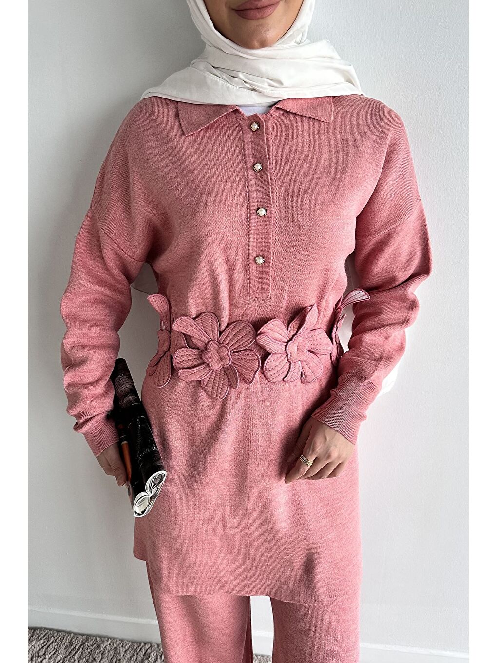 Pembe Papatya Aplikeli Tunik Pantolon Triko Tesettür İkili Takım (s,m,l,xl Uyumludur)-5