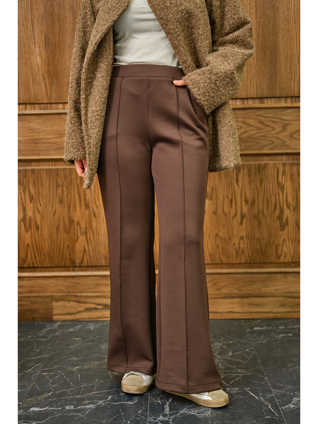 Kadın Biyeli Scuba Pantolon Kahverengi-2