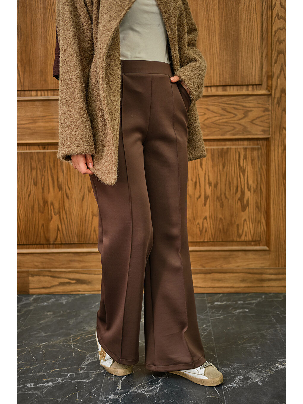 Kadın Biyeli Scuba Pantolon Kahverengi-3