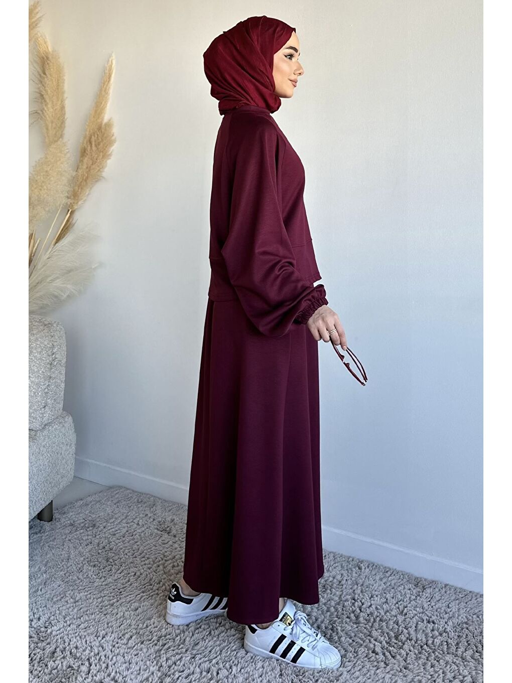 Bordo Bisiklet Yaka Bluz Bel Lastikli Etek Tesettür İkili Takım-4