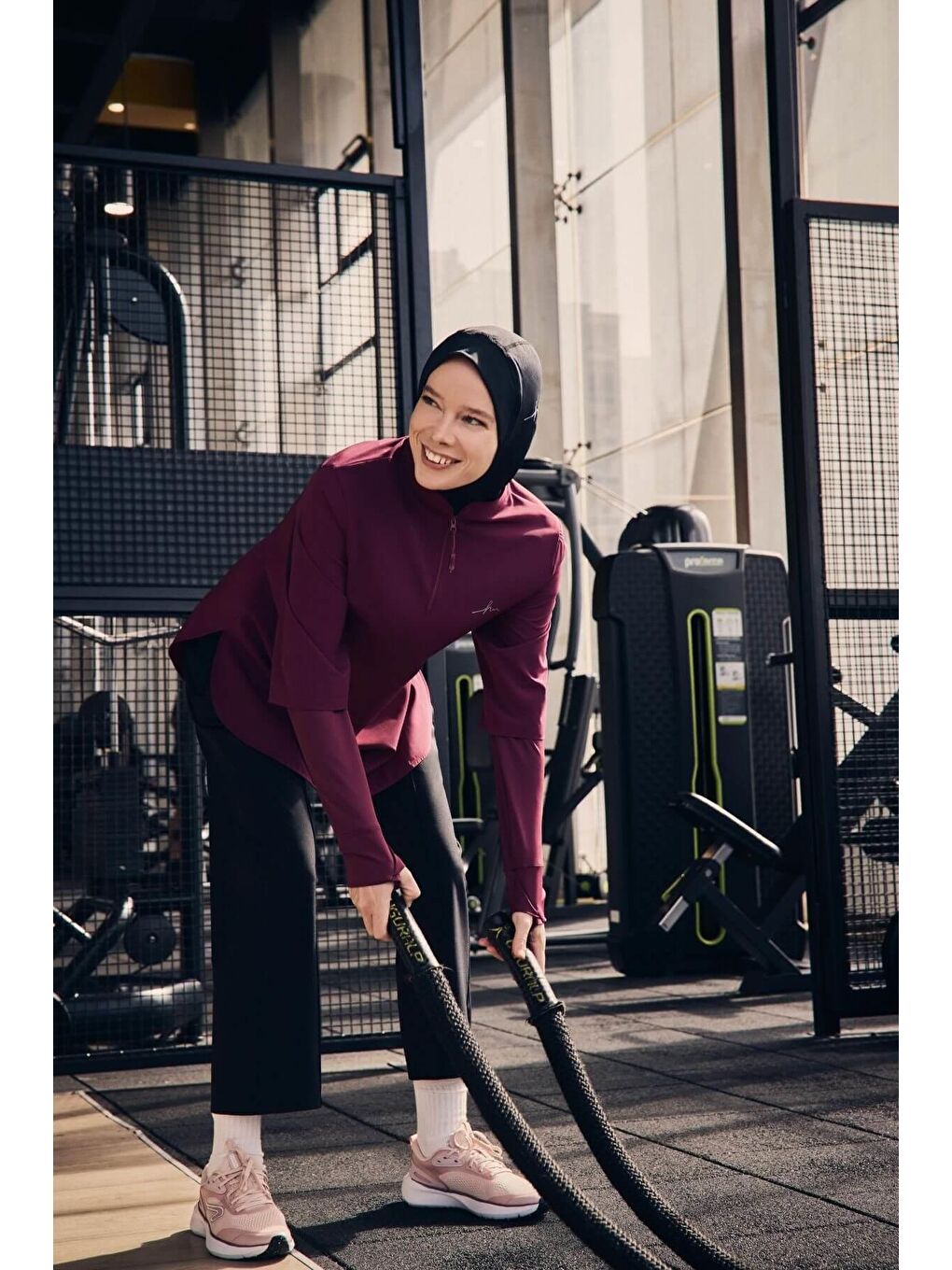 Active Uzun Kollu Yakası Fermuarlı Mor Tesettür Antrenman Tişörtü Act-9-1