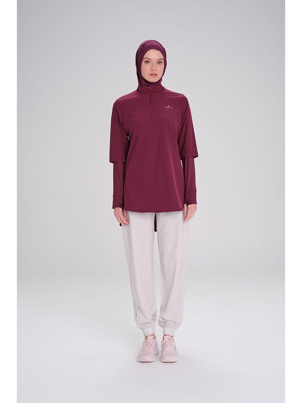 Active Uzun Kollu Yakası Fermuarlı Mor Tesettür Antrenman Tişörtü Act-9-3