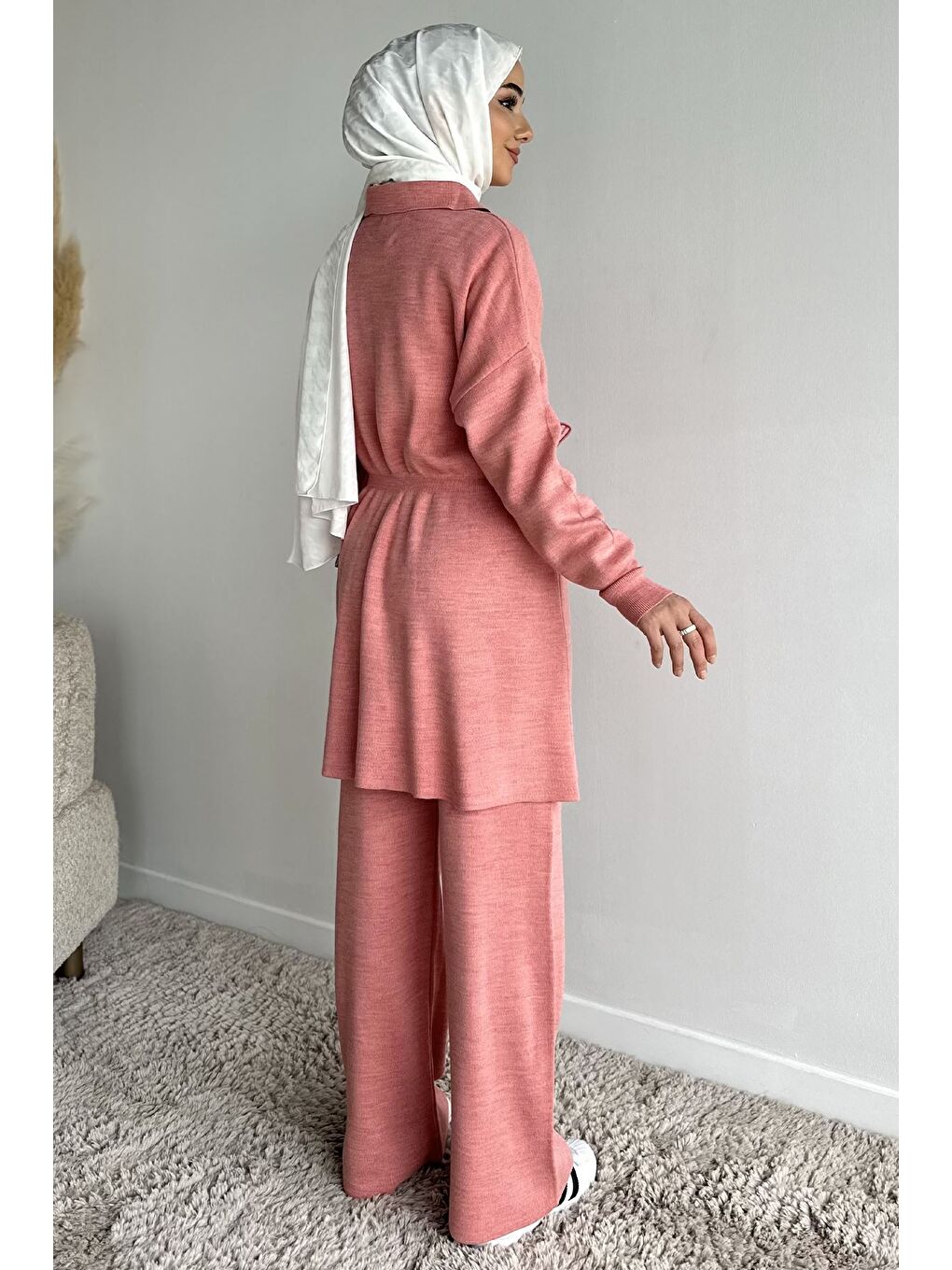 Pembe Papatya Aplikeli Tunik Pantolon Triko Tesettür İkili Takım (s,m,l,xl Uyumludur)-7