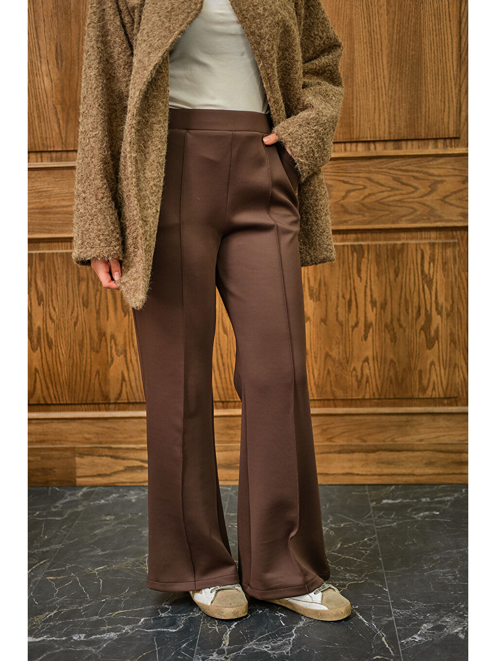 Kadın Biyeli Scuba Pantolon Kahverengi-4