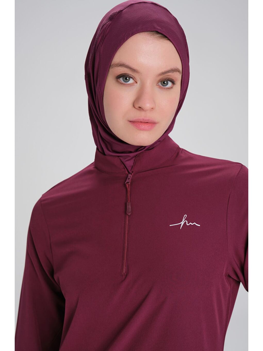 Active Uzun Kollu Yakası Fermuarlı Mor Tesettür Antrenman Tişörtü Act-9-4