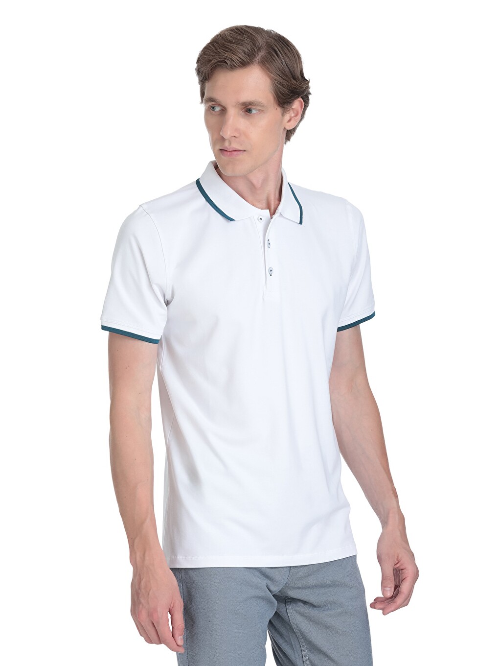 Beyaz Regular Fit Polo Yaka Pamuklu Rayon Tişört